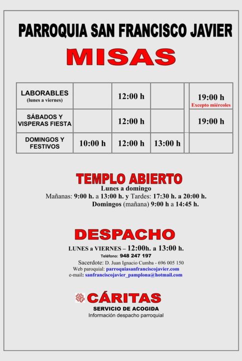 Horario de misas 2026. Bueno